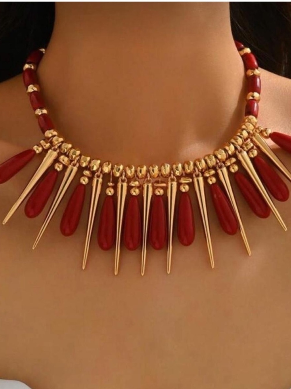 Red Ember Drop Fringe Necklace – Golden Drama Piece - Picture 2 of 4